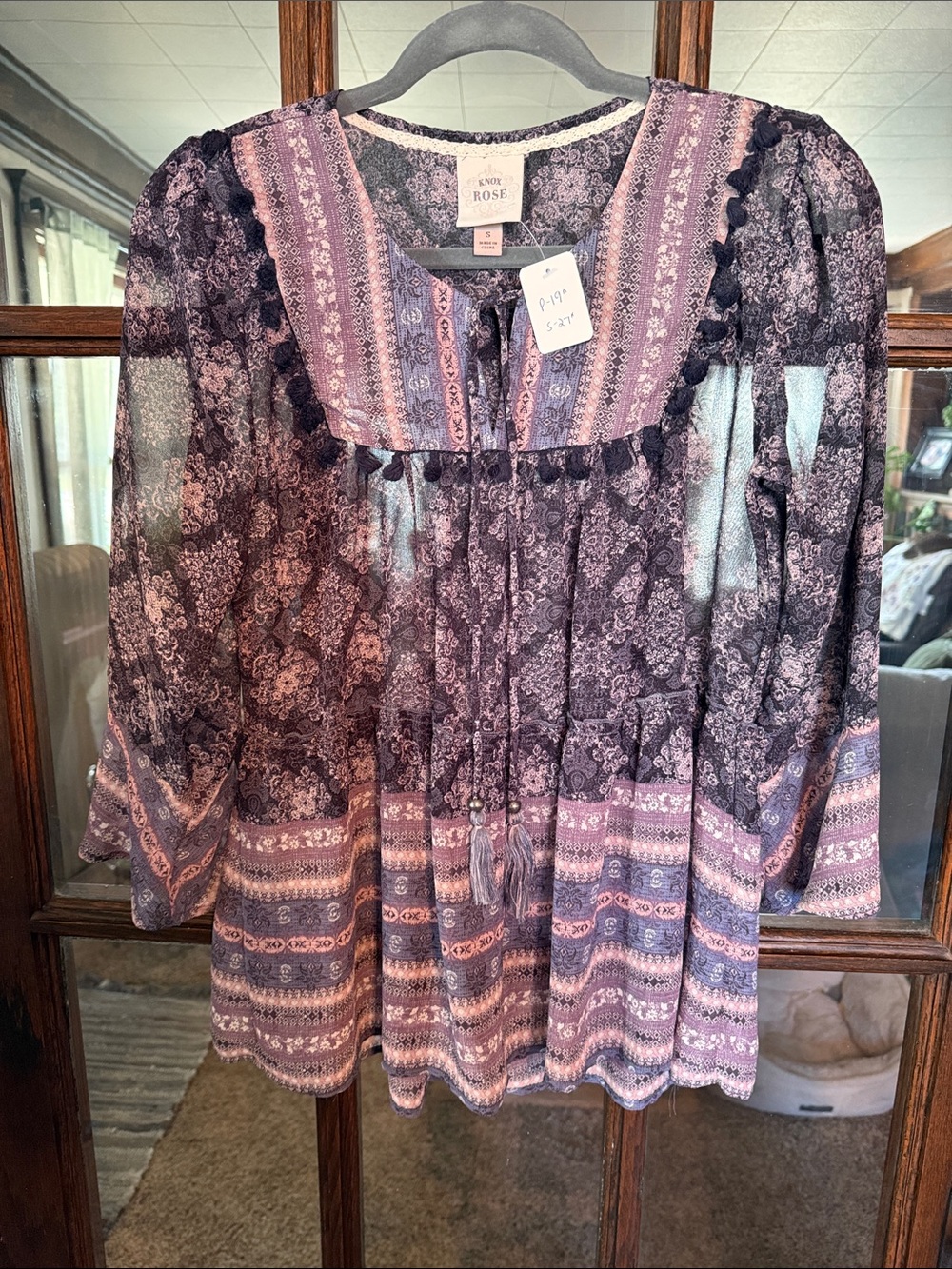 Knox Rose Purple Paisley Boho Peasant Top Bell Sleeve Tassel Blouse S Bohochic